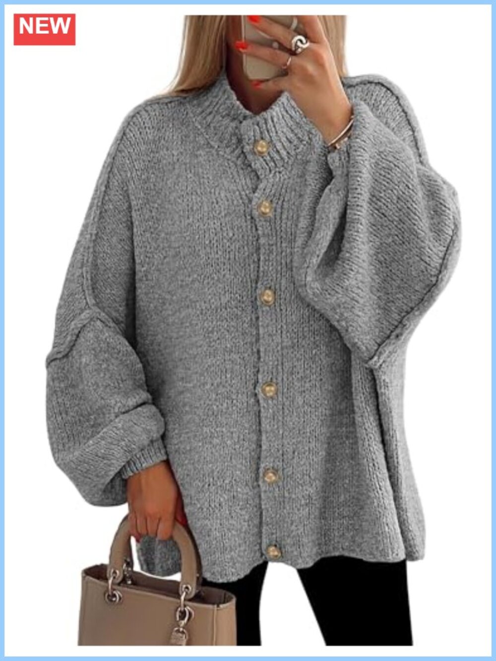 Oversized Chunky Knit Button Down Cardigan Sweater Lantern Sleeve Mock Neck